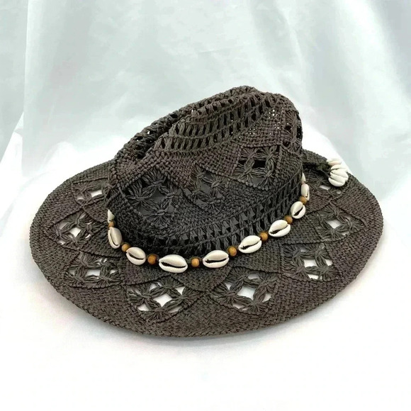 Panama Jack Cowboy Hat One Size Brown Western Open Weave Shells Unisex - Picture 1 of 5